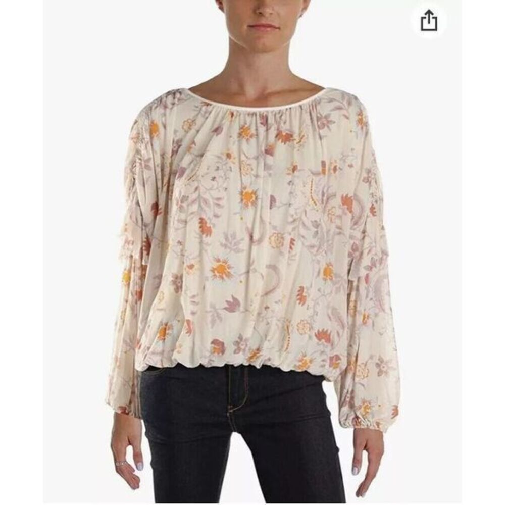 Free People Boho Cottagecore Semi-Sheer Peasant Floral Blouse Oversized M Ivory